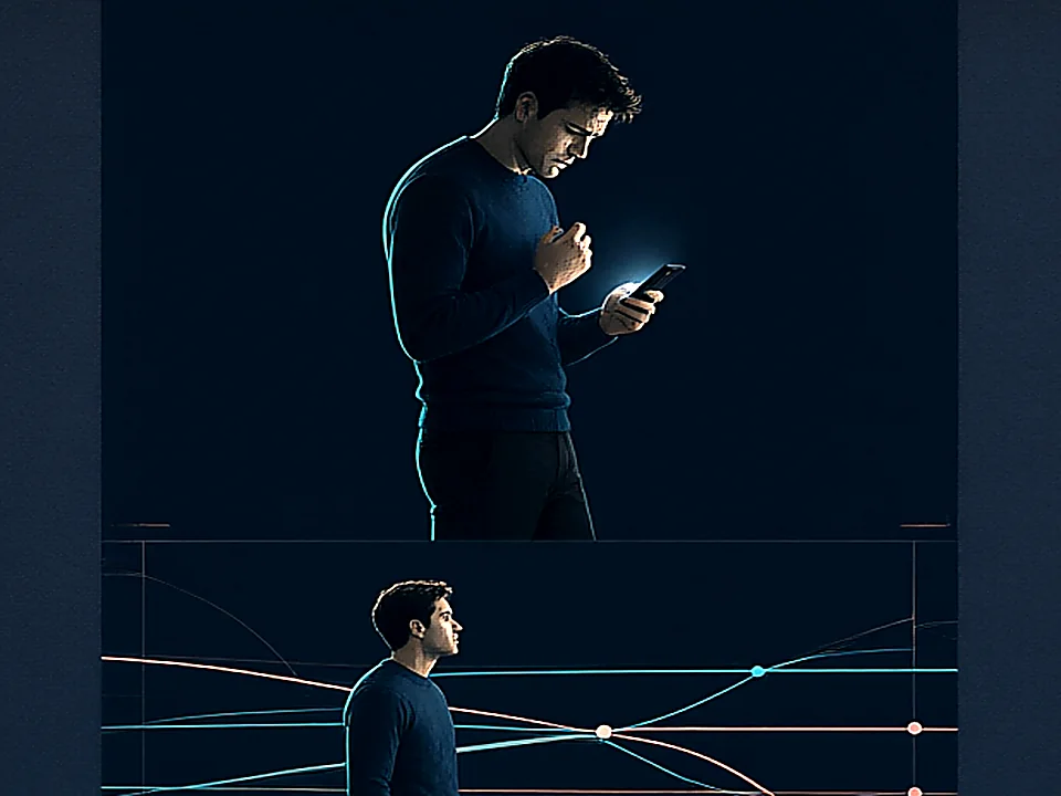 Editorial illustration of moving from anxious phone-checking toward a calmer evidence review